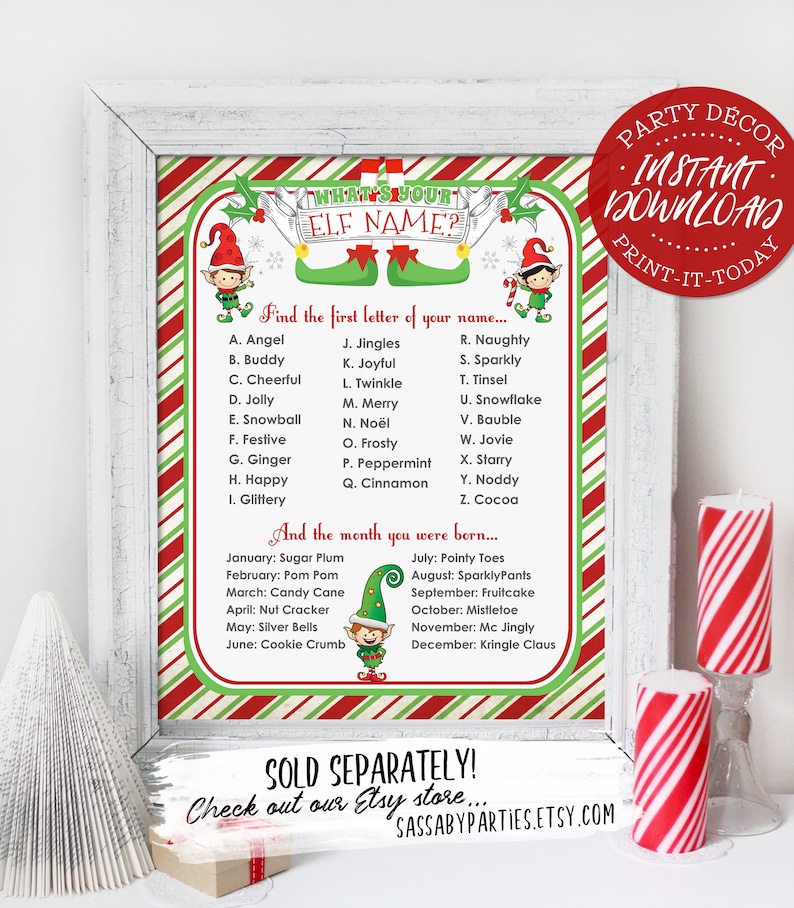 Puede incluir: Generador de nombres de elfos de Navidad imprimible con un fondo a rayas rojas, verdes y blancas. El imprimible presenta una lista de nombres y una letra del alfabeto correspondiente. El imprimible tambi&eacute;n incluye una lista de meses y un dulce navide&ntilde;o correspondiente.