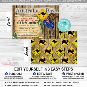 Australian Party Invitation, Bday Invite, Animals, Australia Party, Birthday, Koala, Kangaroo, Aussie, True Blue, Outback, BBQ, Edit Yourself, Editable, Instant Download, Printable, Print Yourself,