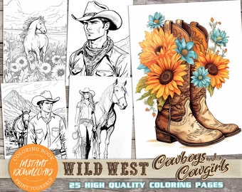 Wild West Cowboy & Cowgirl Coloring Book - INSTANT DOWNLOAD - Printable PDF Sheets, Adult Kids Colouring Pages, Relaxation, Horses, Ranch