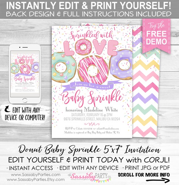 Donut Baby Sprinkle Invitation INSTANT DOWNLOAD Editable
