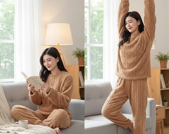 Gruba, ciepła, jesienno-zimowa flanelowa piżama damska z długim rękawem w paski, wygodny, dwuczęściowy komplet, miękka pluszowa bluza i spodnie, wygodne
