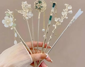 Elegante juego de horquillas para el cabello, pasadores de bambú con mariposas florales, sujetador de moño de novia, accesorio de estilo chino