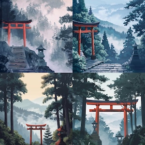 May include: Digital art featuring four panels of a Japanese landscape. Each panel depicts a red torii gate, stone pathways, and traditional lanterns set against a backdrop of misty mountains and evergreen trees. The artwork evokes a sense of tranquility.