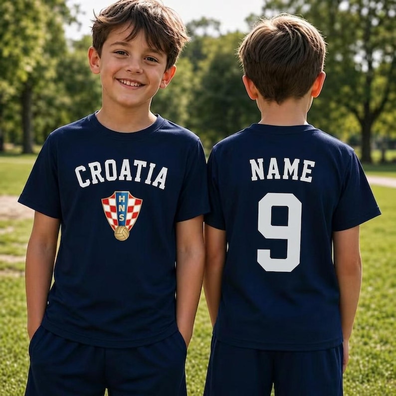 May include: A dark blue short-sleeved t-shirt featuring the word CROATIA and a red and white checkered shield emblem on the front, with the word NAME and the number 9 printed in large white block lettering on the back of the garment.