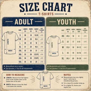 May include: A beige size chart for t-shirts featuring two distinct tables for adult and youth sizes. The chart includes columns for length, width, sleeve, and size tolerance in inches, along with diagrams showing how to measure length and width.