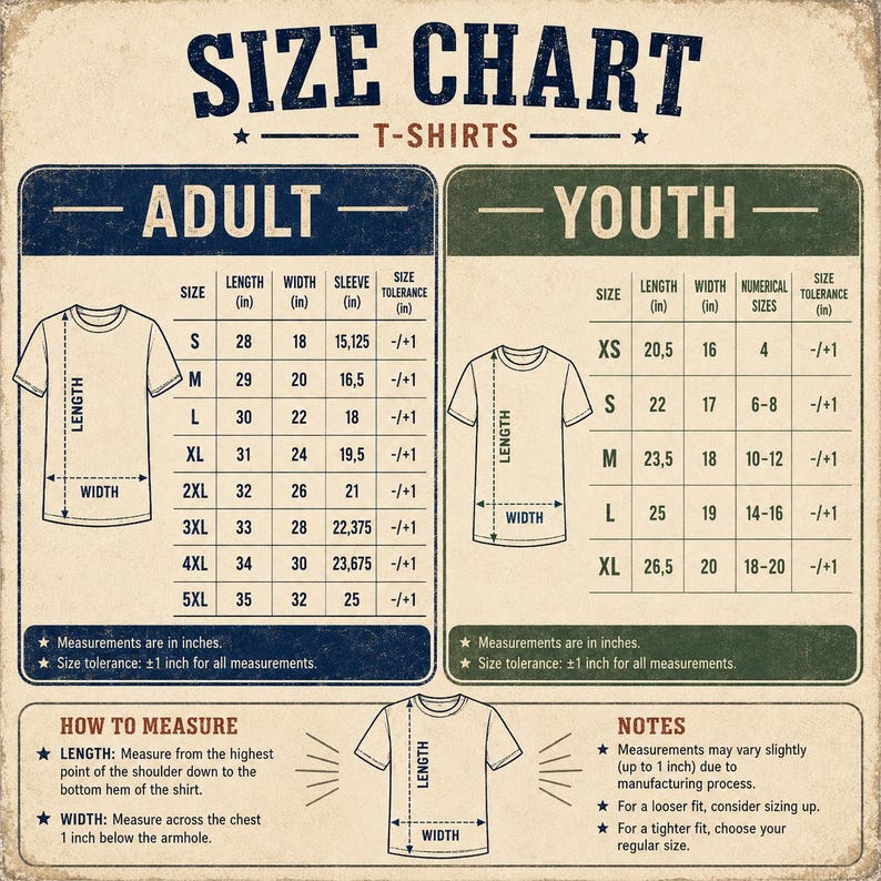 May include: A beige size chart for t-shirts featuring two distinct tables for adult and youth sizes. The chart includes columns for length, width, sleeve, and size tolerance in inches, along with diagrams showing how to measure length and width.