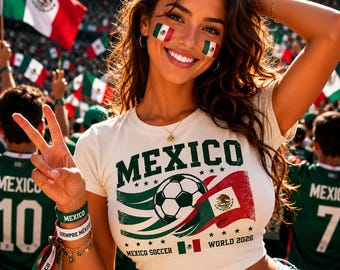 Camiseta de bebé de fútbol de México, Top de mujer para el Mundial 2026, Camiseta de bebé con estampado de la bandera mexicana, Camiseta de fútbol con estética Y2K, Ropa vintage para aficionados de México