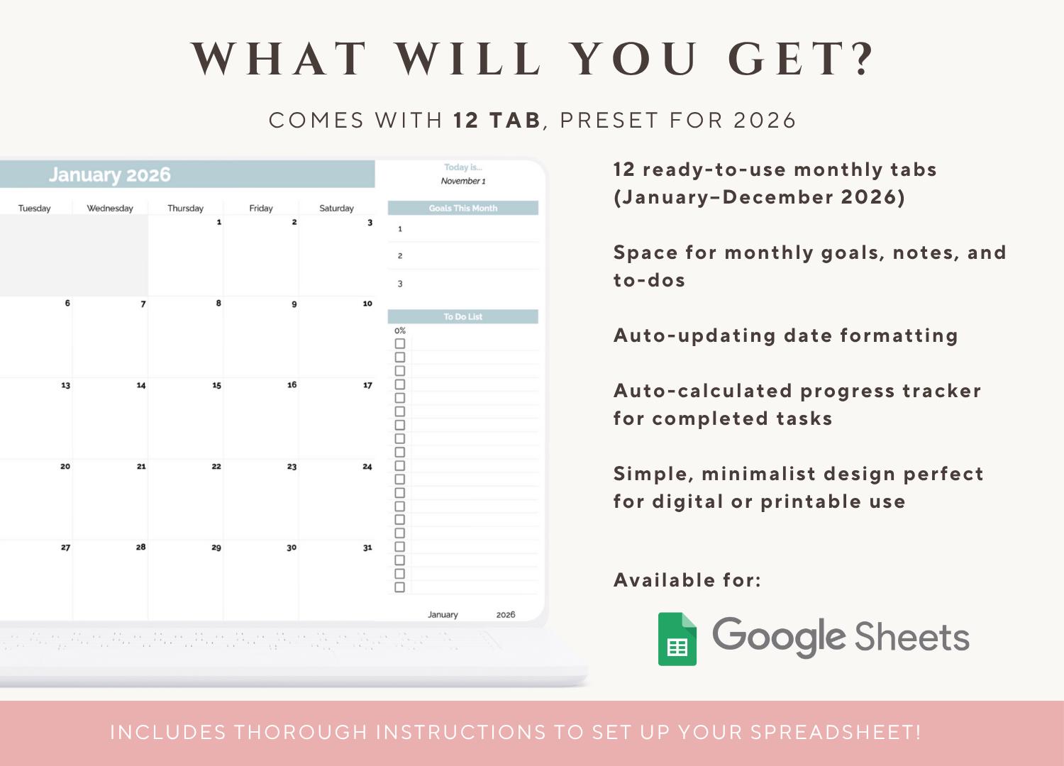 2026 Monthly Calendar - Google Sheets Digital Download OR Printable - Etsy