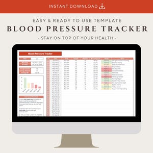 以下が含まれることがあります： コンピューターモニターには、血圧トラッカーのテンプレートが表示されています。画面には、日付、時刻、収縮期および拡張期の測定値、メモの列があるスプレッドシートが表示されています。画面上部には「BLOOD PRESSURE TRACKER」というテキストがあります。