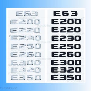 Puede incluir: Una hoja de emblemas de coche con los textos "E63", "E200", "E220", "E230", "E250", "E260", "E300", "E320" y "E350" en plata y negro. También se ve el texto "FONIX24SHOP".