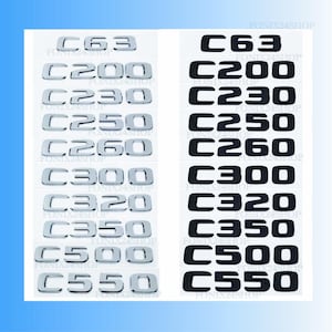 May include: Two sets of car model emblems. One set is chrome, the other is black. The chrome set includes C63, C200, C230, C250, C260, C300, C320, C350, C500, and C550. The black set includes the same models.