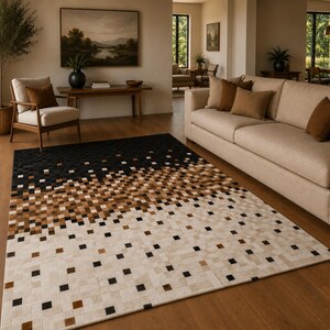 Alfombra de piel de vaca de 1,5 x 2,4 m con estampado geométrico 3D, hecha a mano, color marfil y negro.