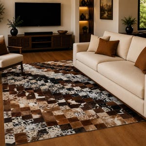 Cowhide Leather Rug 5x8 ft  Geometric 3D Pattern Handmade Area Carpet Ivory & Black Color