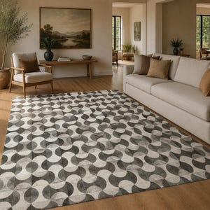 Koeienhuid vloerkleed 5 x 8 ft (152 x 244 cm) met geometrisch 3D-patroon, handgemaakt, ivoorkleurig en zwart.
