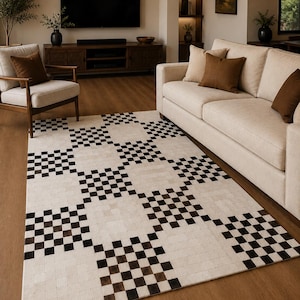 Koeienhuid vloerkleed 5 x 8 ft (152 x 244 cm) met geometrisch 3D-patroon, handgemaakt, ivoorkleurig en zwart.