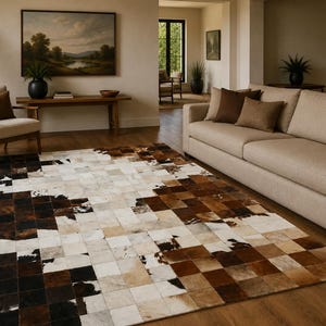 Puede incluir: Una alfombra rectangular construida a partir de un mosaico de azulejos cuadrados de piel de vaca en varios tonos de blanco, crema, bronceado, marrón oscuro y negro. Las piezas están dispuestas en una cuadrícula, creando una superficie tonal con texturas naturales.