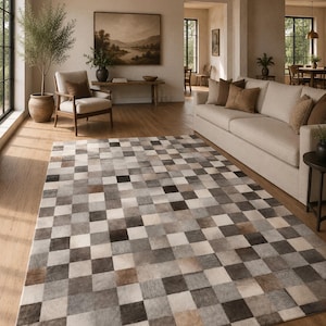 Koeienhuid vloerkleed 5 x 8 ft (152 x 244 cm) met geometrisch 3D-patroon, handgemaakt, ivoorkleurig en zwart.