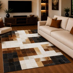 Cowhide Leather Rug 5x8 ft  Geometric 3D Pattern Handmade Area Carpet Ivory & Black Color