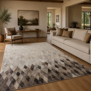Tapis en cuir de vachette 152 x 244 cm, motif géométrique 3D, fait main, coloris ivoire et noir