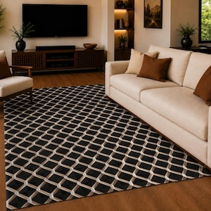 Alfombra de piel de vaca de 1,5 x 2,4 m con estampado geométrico 3D, hecha a mano, color marfil y negro.