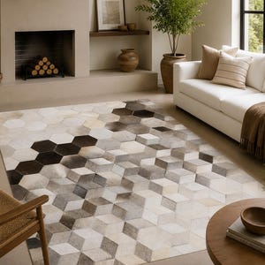 Koeienhuid vloerkleed 5 x 8 ft (152 x 244 cm) met geometrisch 3D-patroon, handgemaakt, ivoorkleurig en zwart.