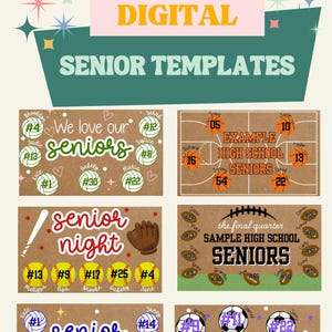 Pode incluir: Modelos digitais para idosos com vários temas desportivos. Os designs incluem voleibol, basquetebol, basebol e futebol, com textos como "Amamos os nossos seniores" e "Noite dos seniores". Cada modelo apresenta nomes e números.