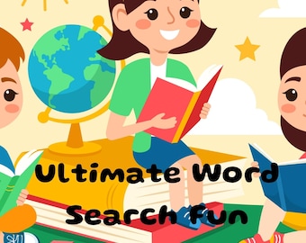 Op de afbeelding: Illustratie van kinderen die boeken lezen met de tekst "Ultimate Word Search Fun" en "Word Searches Age 7-12". De afbeelding bevat een lachende zon, een wereldbol, sterren en een regenboog.