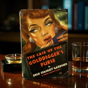 May include: Vintage paperback book titled "The Case of the Golddigger's Purse" by Erle Stanley Gardner. The cover features a retro illustration of a woman applying lipstick. The book is set on a wooden surface with a glass of amber liquid.