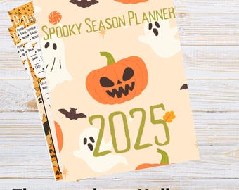 May include: A Halloween-themed planner with a cream background, featuring orange jack-o'-lanterns, ghosts, and bats. The text "Spooky Season Planner" and "2025" are displayed. The phrase "The must have Halloween planner 2025!" is also visible.