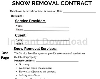 Snow Removal Contract Template, Printable Plowing Agreement (Digital Download)