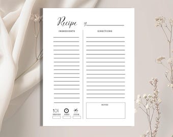 Printable Recipe Template, Minimalist Design (Letter, A4, A5 Digital Download)