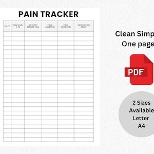 Könnte beinhalten: Ein druckbarer Schmerz-Tracker mit einem Raster für tägliche Einträge. Oben auf der Seite steht "PAIN TRACKER". Spalten umfassen Datum, Schmerzlevel, Aktivität, Ort, Dauer und Medikamenten-Linderung. Erhältlich in zwei Größen: Letter und A4.