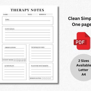 Op de afbeelding: Een witte therapienotitiesjabloon met secties voor naam, datum, onderwerp, klantdoelen, observaties, technieken, patiëntstemming, actieplan, plan voor de volgende sessie en sessiebeoordeling. De tekst "THERAPY NOTES" staat bovenaan. De afbeelding bevat ook de tekst "Clean Simple One page".