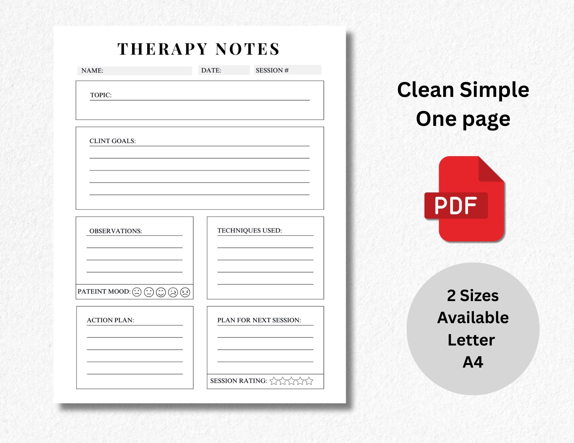 Therapy Session Notes Template | Printable Psychologist Forms (PDF, US ...