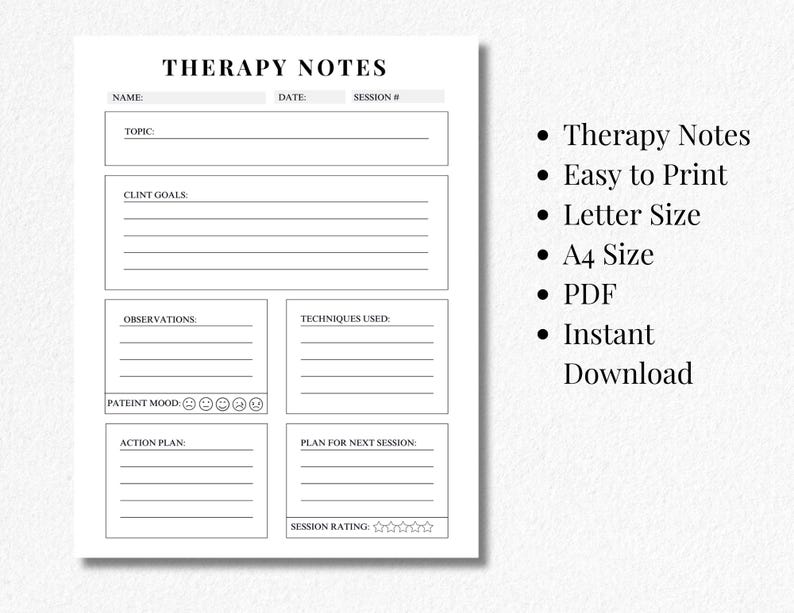 Therapy Session Notes Template | Printable Psychologist Forms (PDF, US ...