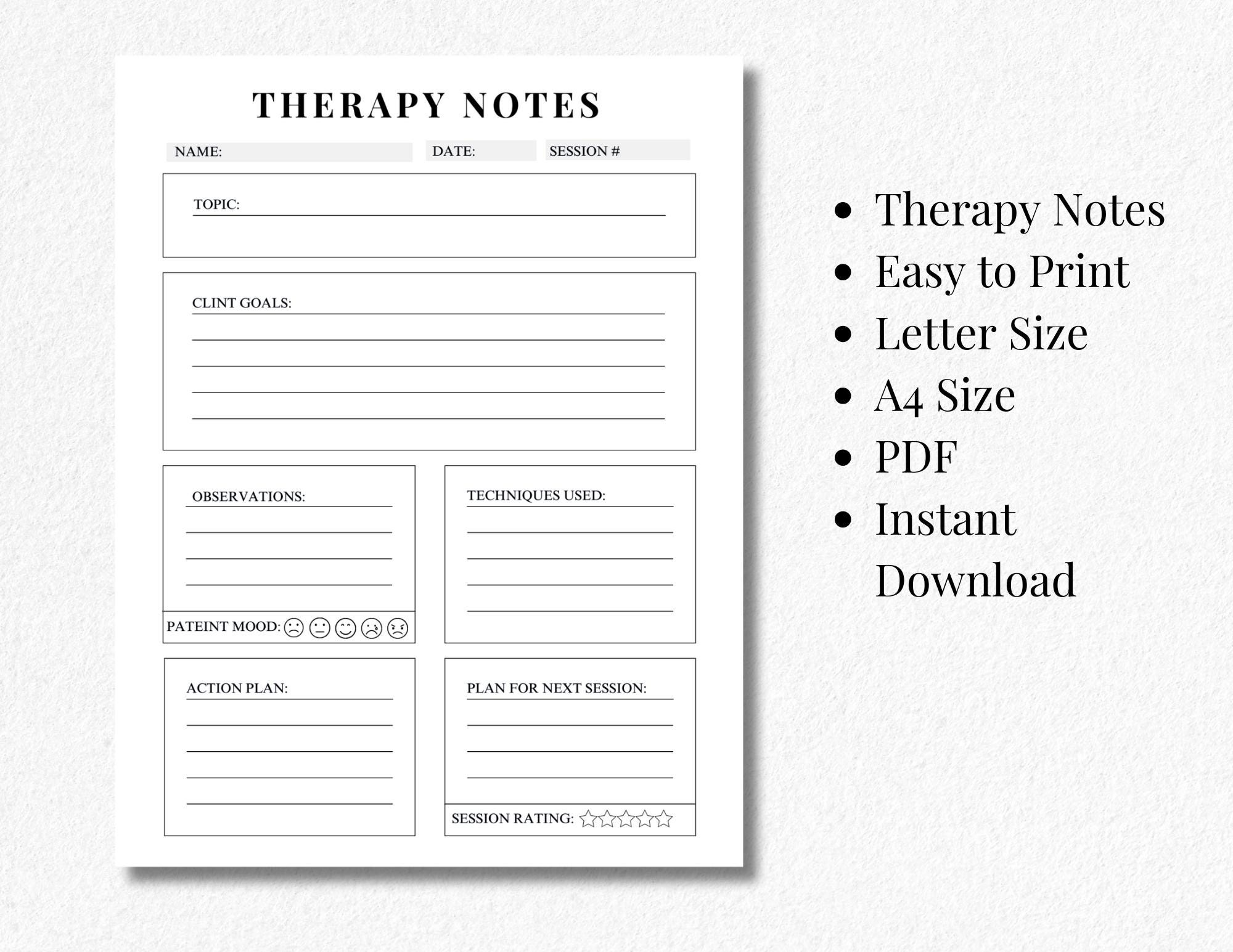 Therapy Session Notes Template | Printable Psychologist Forms (PDF, US ...