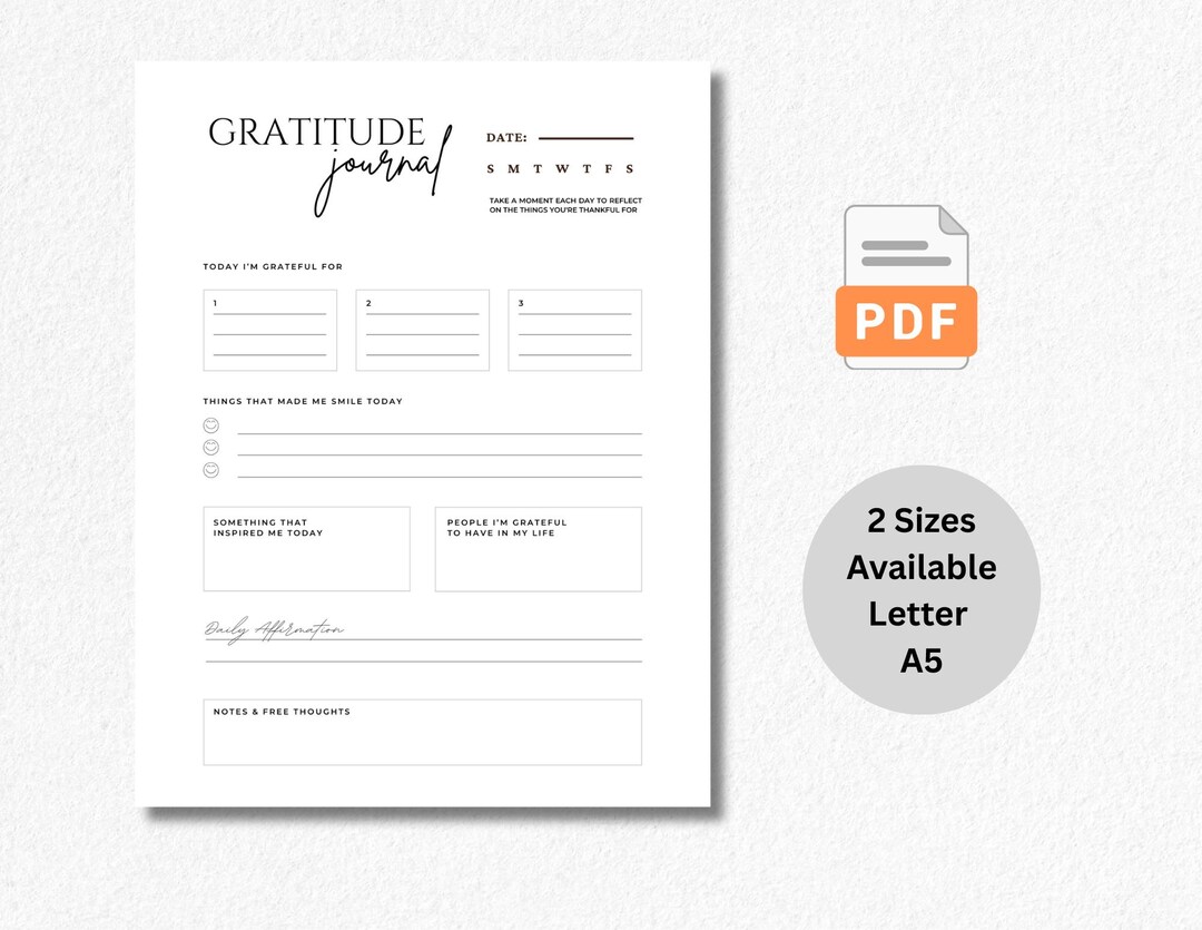 Daily Gratitude Journal Printable | Mindfulness, Self-care (PDF, Letter ...