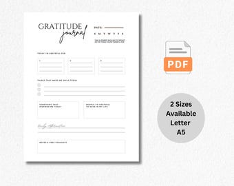 Daily Gratitude Journal Printable | Mindfulness, Self-Care (PDF, Letter & A5 Sizes)
