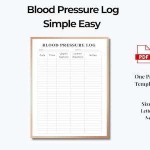 May include: A printable blood pressure log template with the text "Blood Pressure Log Simple Easy." The log includes fields for date, time, systolic, diastolic, and notes. The PDF template is available in Letter and A4 sizes.