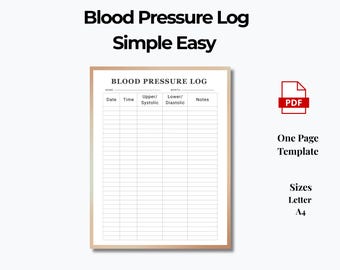 Blood Pressure Log Printable | One Page BP Tracker | Simple Blood Pressure Chart | Letter & A4 Size | Instant Download Easy Simple