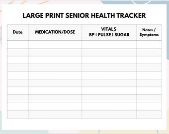 Large Print Senior Health Tracker: Weekly Medication & Vitals Log (PDF Download)