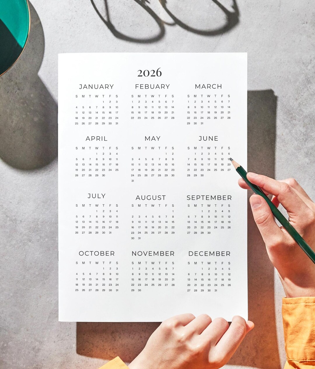 2026 Minimalist One Page Calendar | Printable Yearly Planner (PDF ...