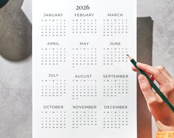 2026 Minimalist One Page Calendar | Printable Yearly Planner (PDF Download)