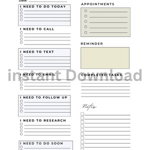 May include: A printable ADHD Brain Dump planner with sections for tasks, appointments, reminders, and notes. The planner includes prompts like "I need to do today," "I need to call," and "I need to text." The design is minimalist with black text on a white background.