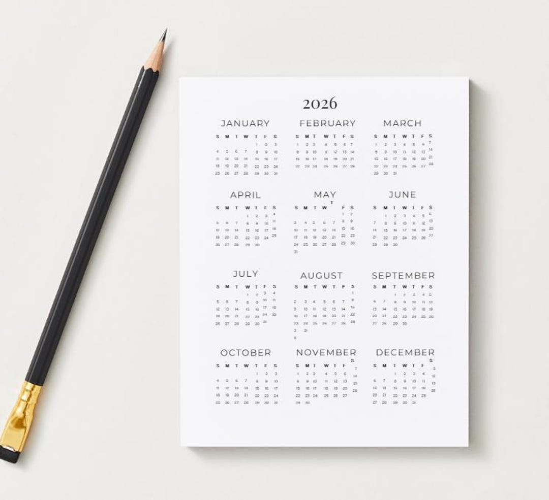 2026 Minimalist One Page Calendar | Printable Yearly Planner (PDF ...