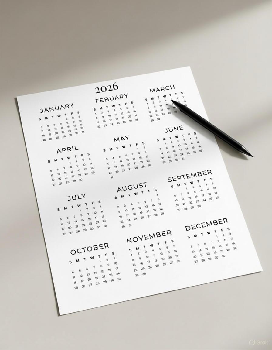 2026 Minimalist One Page Calendar | Printable Yearly Planner (PDF ...