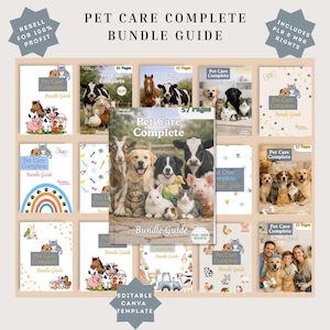 May include: A digital Pet Care Complete Bundle Guide featuring multiple document covers with various animal illustrations, photographs of dogs, cats, and farm animals, and text overlays including Pet Care Complete Bundle Guide, 57 Pages, and PLR/MRR Rights.