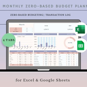 Puede incluir: Una pantalla de portátil que muestra una plantilla de "Planificador de presupuesto mensual de base cero". La pantalla muestra datos financieros, gráficos y el texto "4 TABS". La plantilla es para Excel y Google Sheets.