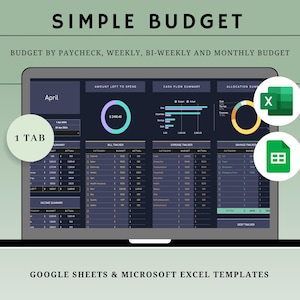 May include: A laptop screen displaying a "Simple Budget" template. The screen shows budget tracking charts and tables, with the text "Budget by Paycheck, Weekly, Bi-Weekly and Monthly Budget." Icons for Excel and Google Sheets are also visible.