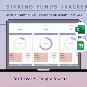 May include: A laptop screen shows a financial tracker labelled "Sinking Funds Tracker." The display includes pie charts and tables, with the text "Record Sinking Funds | Record Transactions - Actuals." The image includes Excel and Google Sheets icons.